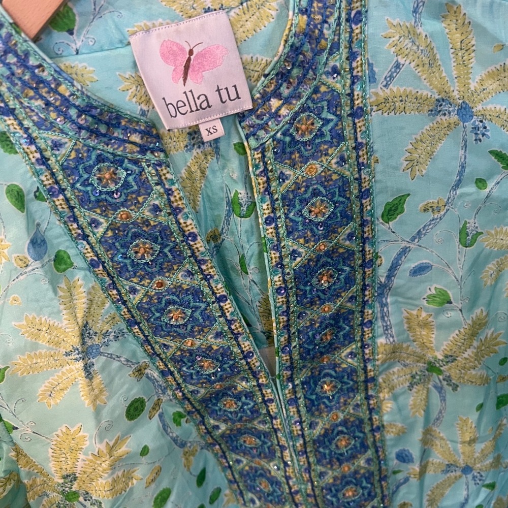 Bella Tu GORUSH  $495 Turquoise Beaded Sequin Tunic Mini Dress Womens XS
